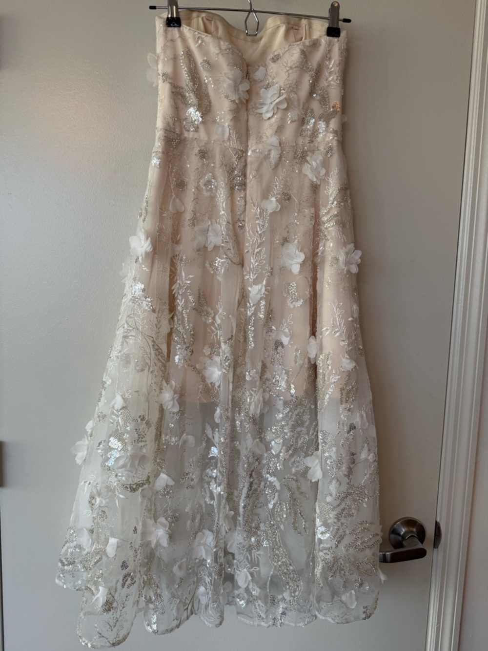 Dress the Population “Kailyn” Strapless Floral Appliqué Midi Dress | Ivory - Picture 5 of 5